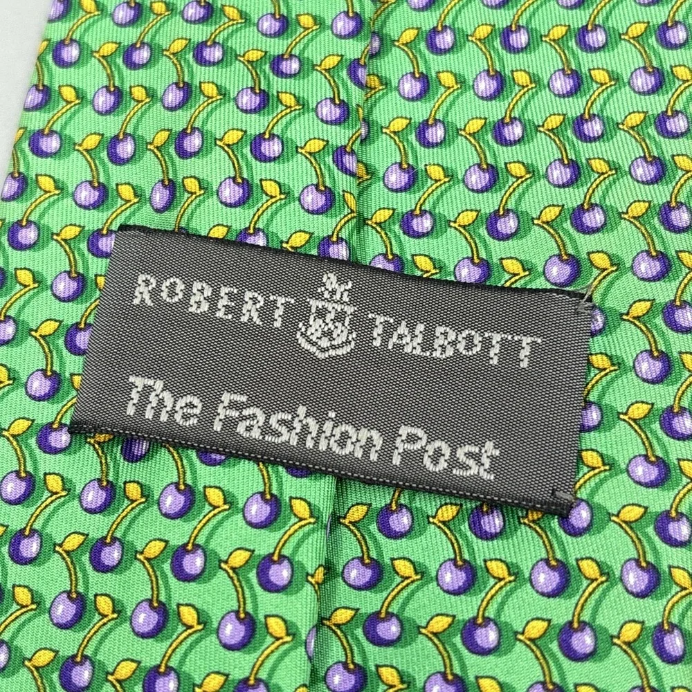 Robert Talbott Tie Mens Green Cherry Fruit Pattern Silk Made USA Necktie Novelty